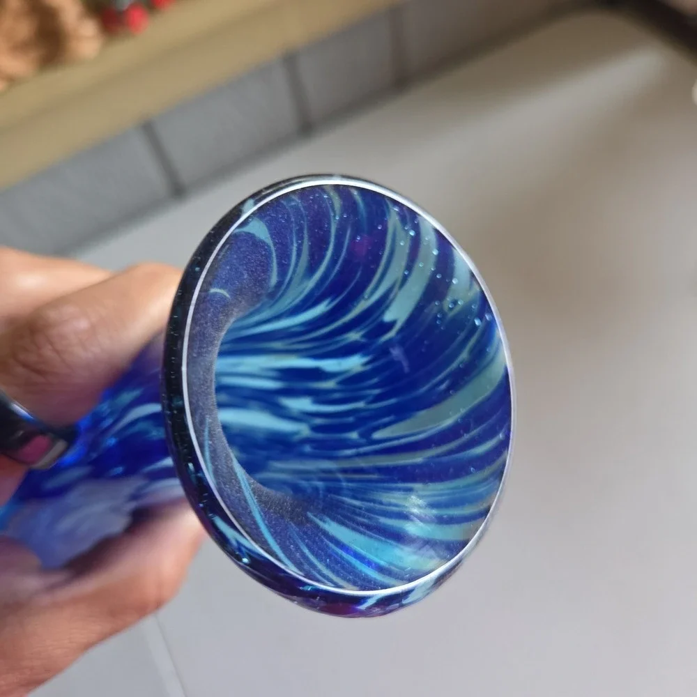 Abstract Art Glass Vase Decanter Style Hand Blown Mexico Blue White Ovals
